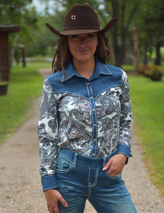 Cowgirl Tuff Pullover Button Up - Blue Paisley With Denim Stretch Jersey