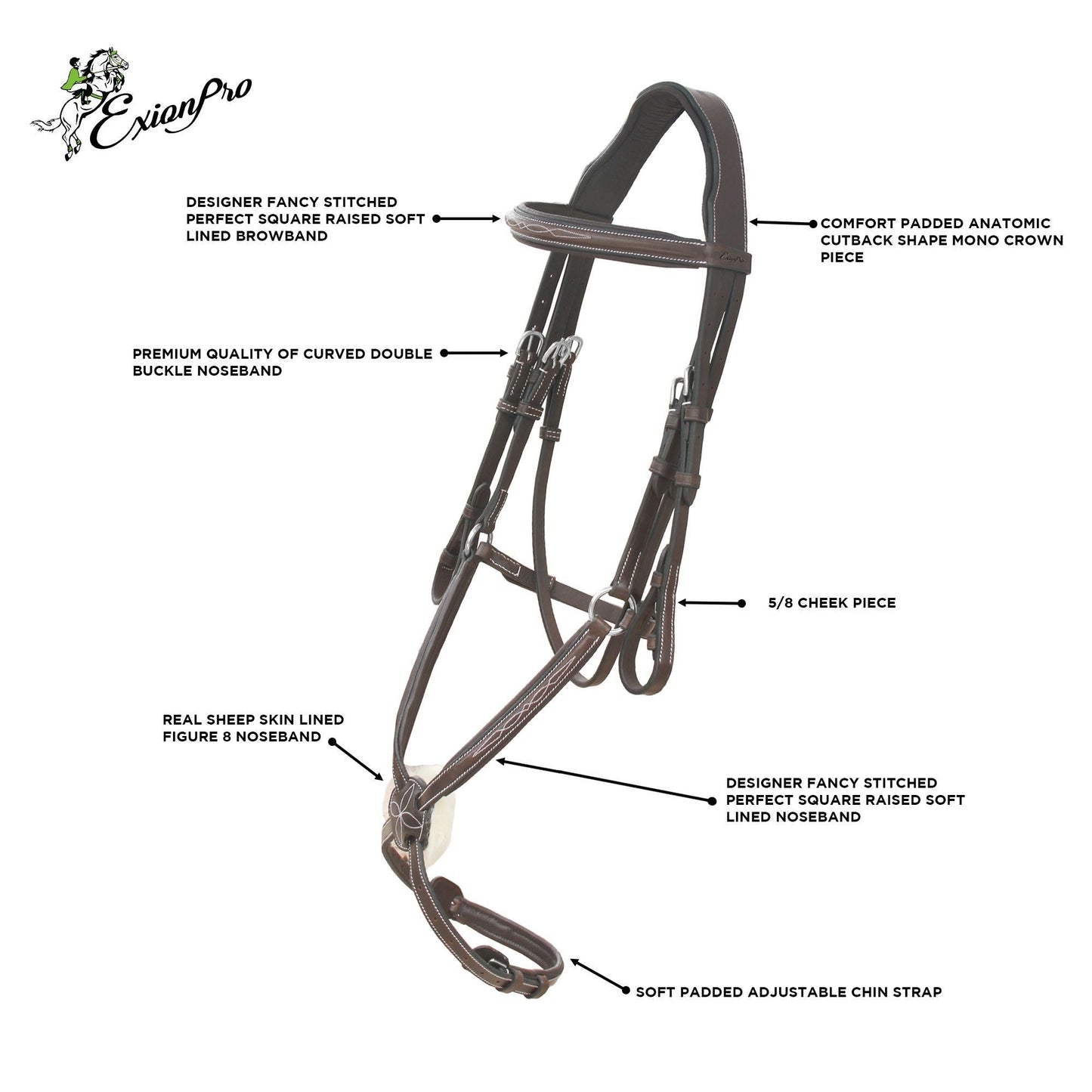 ExionPro Designer Fancy Stitched Figure 8 English Bridle With Rubber Rein