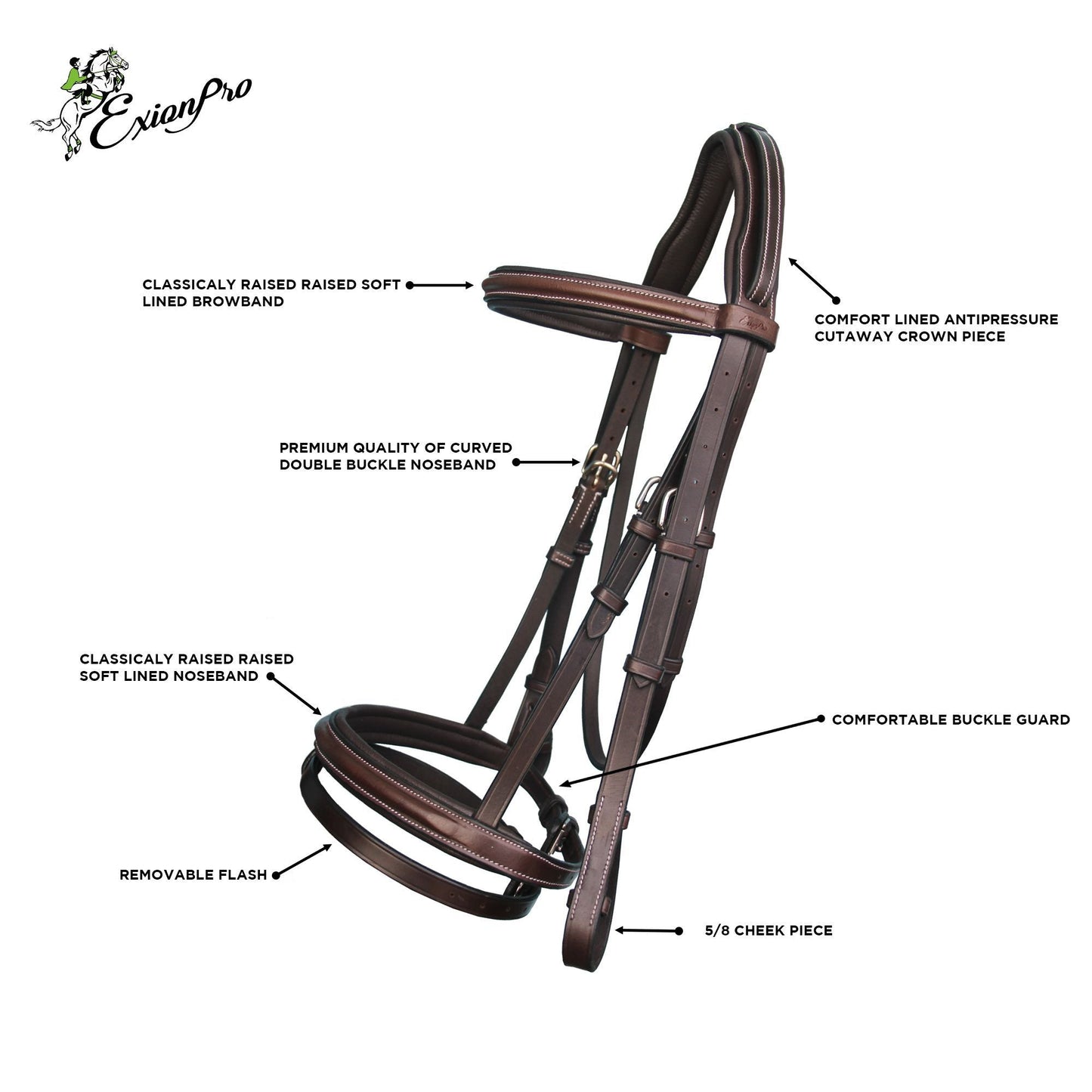 ExionPro Pressure Relief Crown Raised Padded Jumping Bridle with Reins