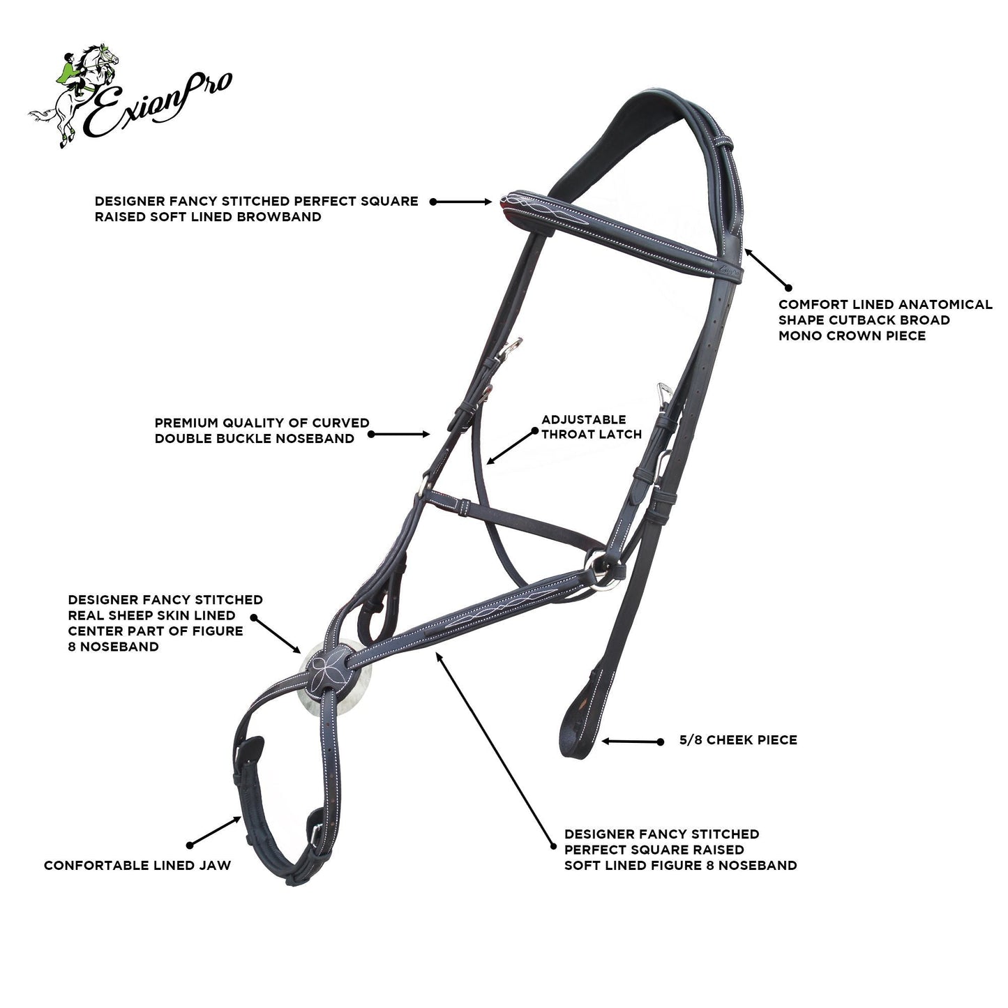 Replacement Noseband of ExionPro Monocrown Crown Piece Adjustable Designer Figure 8 Bridle