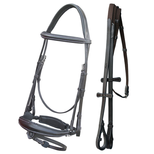 ExionPro Dressage Bridle: Mono Crown, Raised Browband, Anatomical Noseband, Detachable Flash & Web Reins