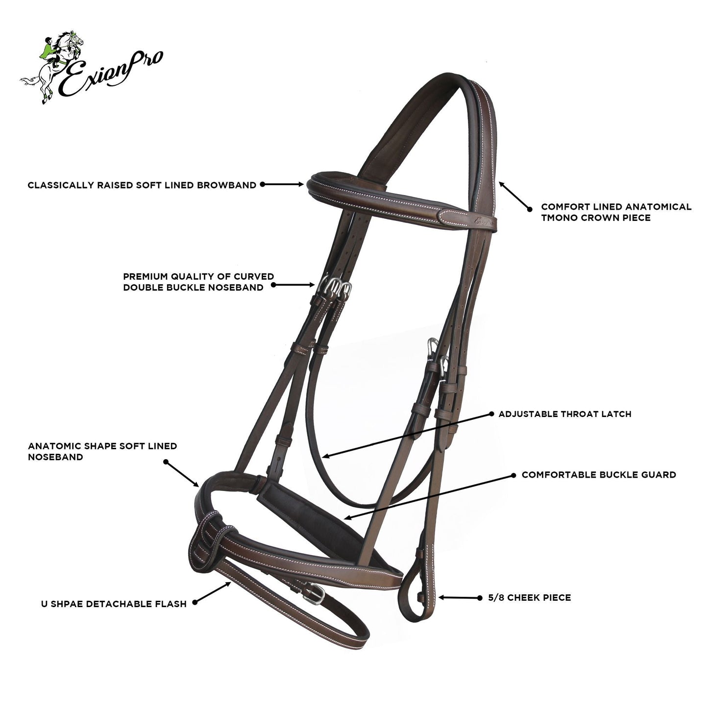 Replacement Crownpiece of ExionPro Fully Padded Snaffle Bridle with U Shaped Detachable Flash