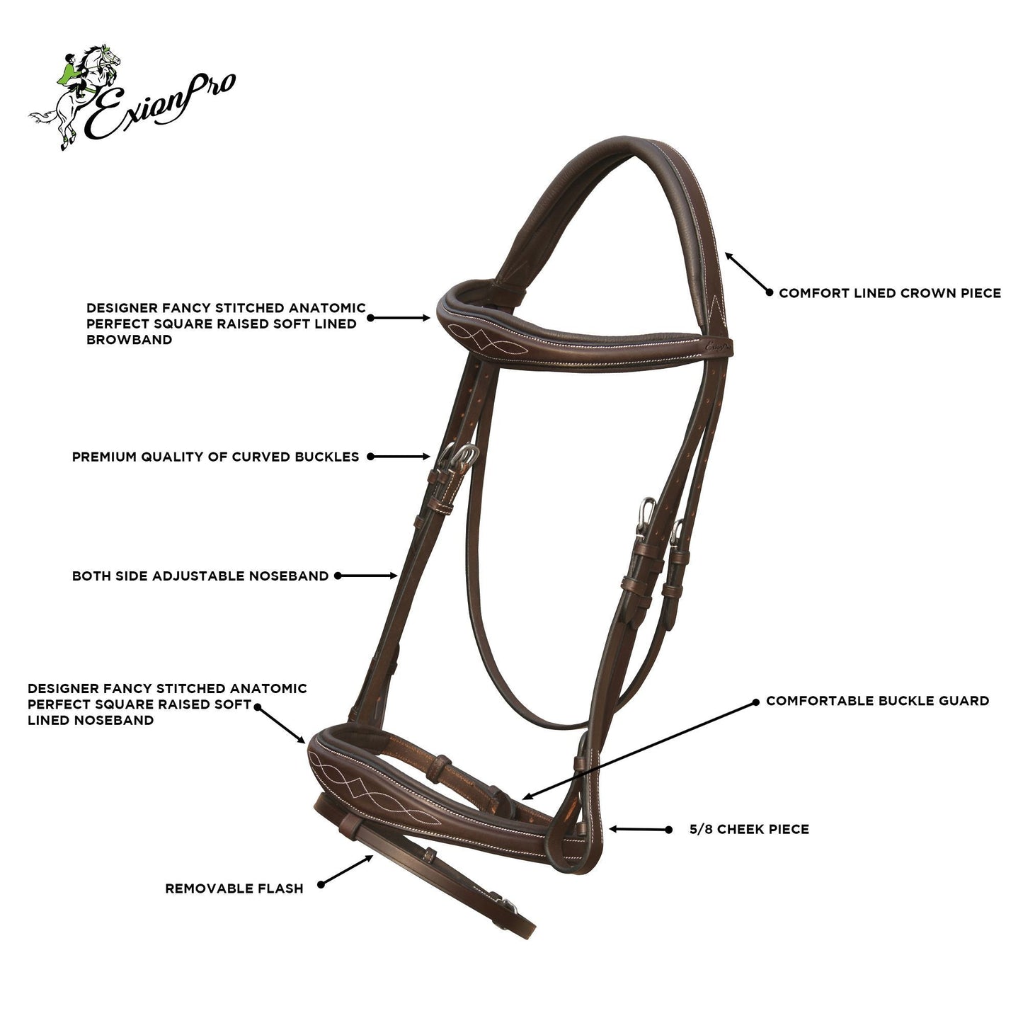 ExionPro Fancy Stitched Raised Anatomical Bridle with Rubber Reins