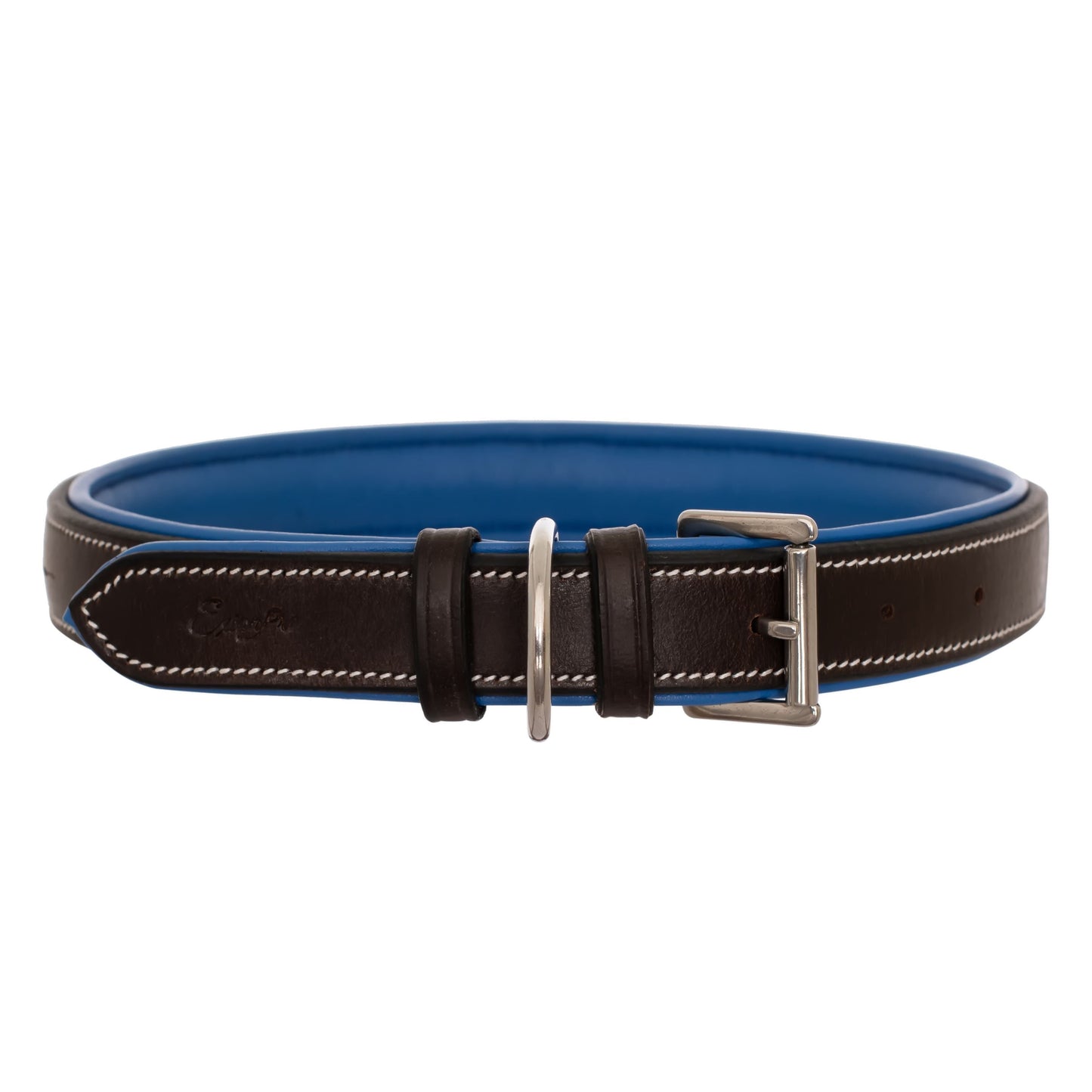 ExionPro Fancy Stitched Padded Leather Dog Collar - Blue Padding