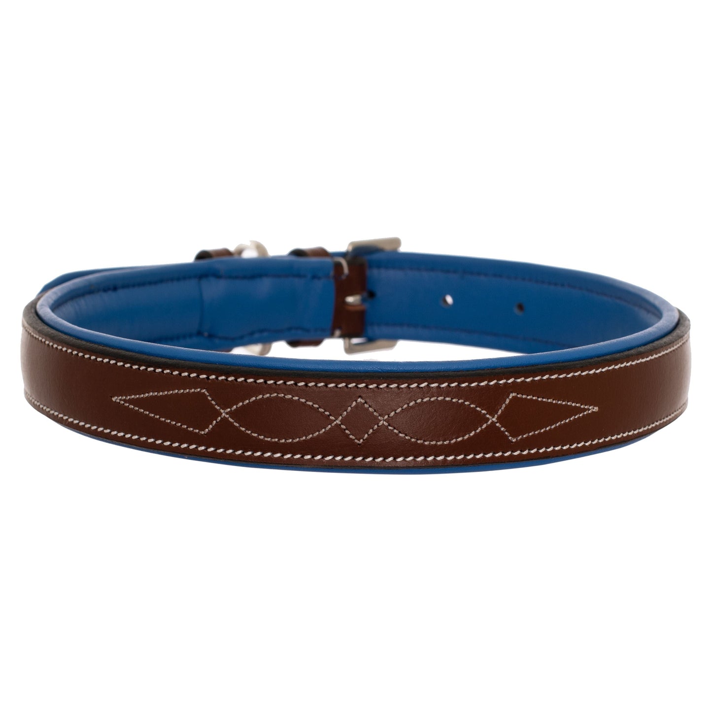 ExionPro Fancy Stitched Padded Leather Dog Collar - Blue Padding