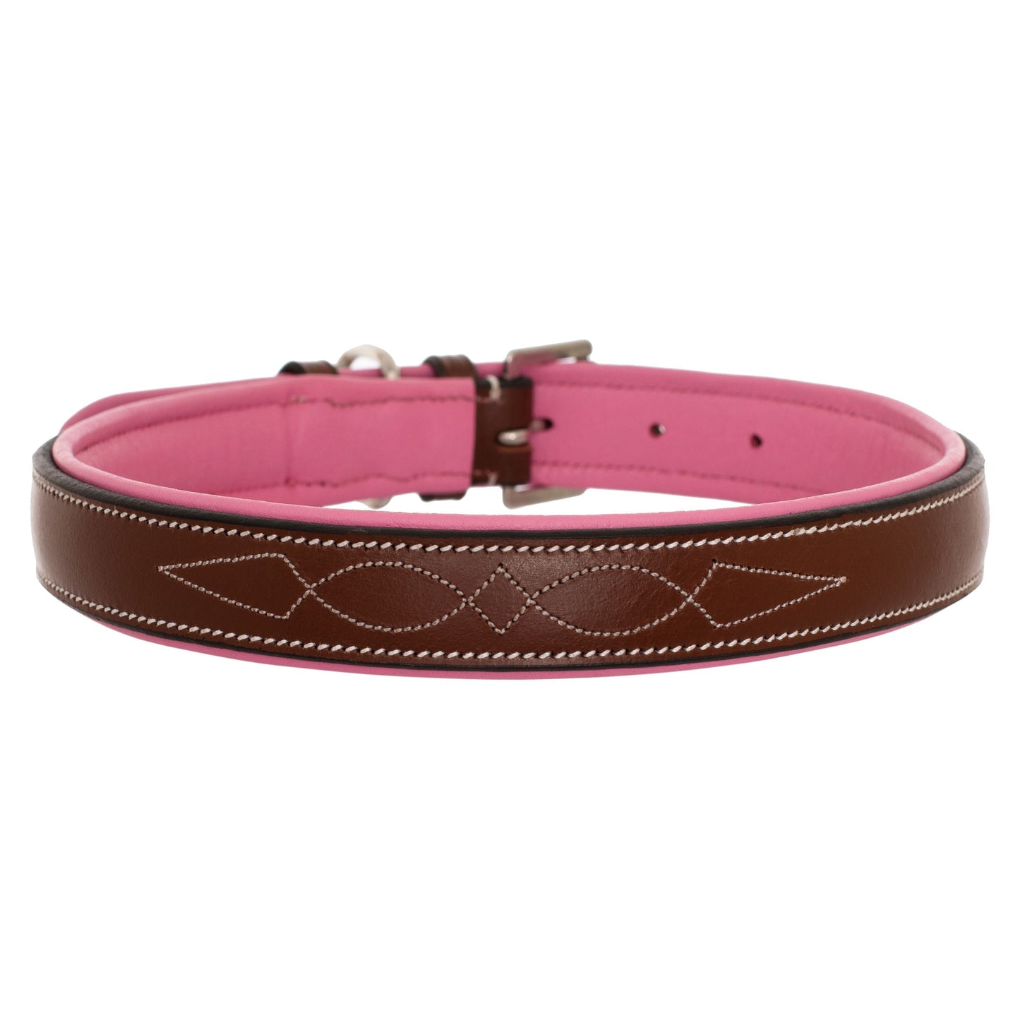 ExionPro Fancy Stitched Padded Leather Dog Collar - Pink Padding