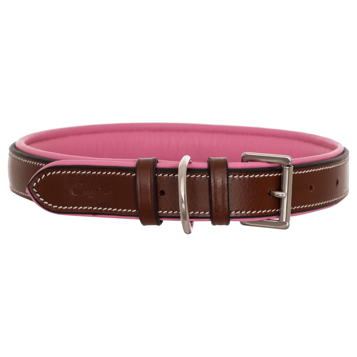 ExionPro Fancy Stitched Padded Leather Dog Collar - Pink Padding