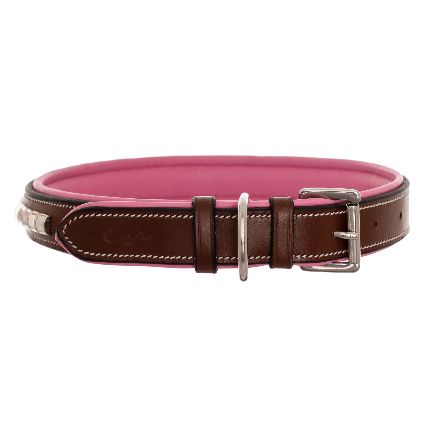 ExionPro Silver Clincher Padded Leather Dog Collar - Pink Padding