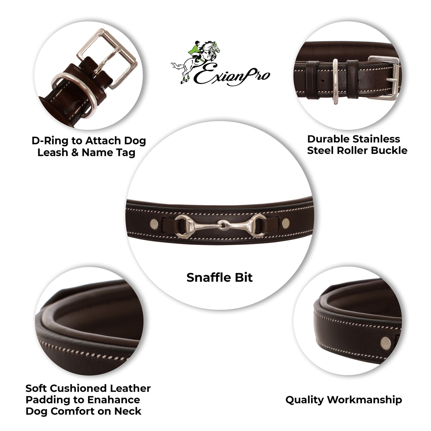 ExionPro Silver Snaffle Padded Leather Dog Collar - Brown Padding