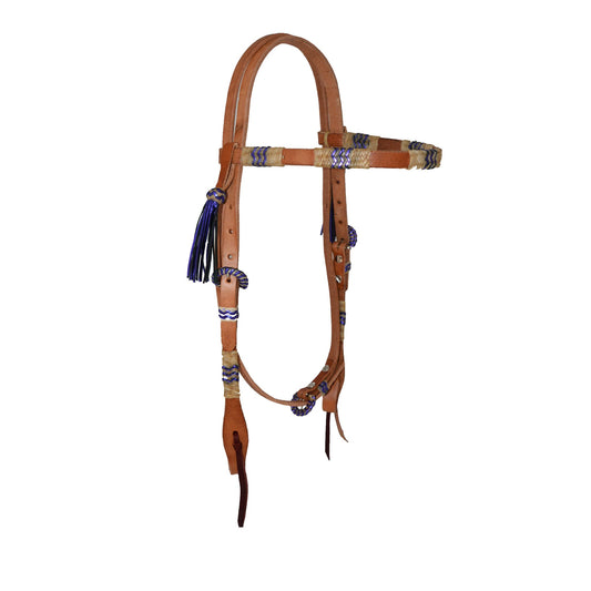 2030-BP 1/2" Straight browband headstall harness leather rawhide and metallic purple braiding with Spanish lace hardware, braided loops, and tassels