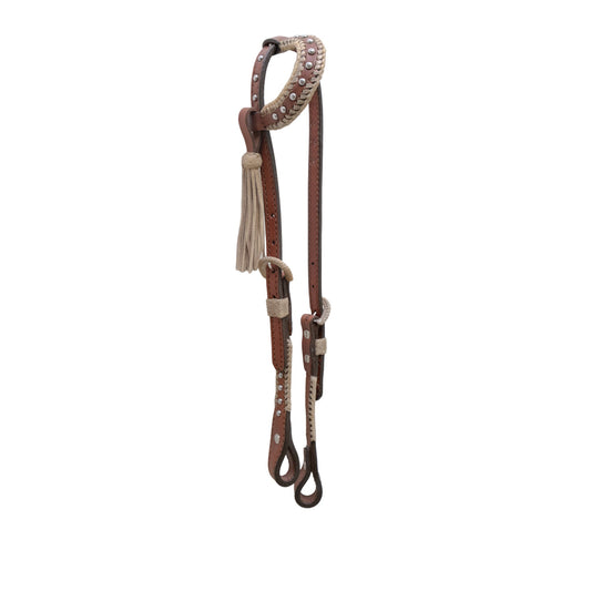 2070TP 5/8" Flat one ear headstall toast leather with Spanish lace hardware, braided loops, and spots