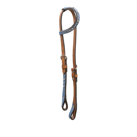 2071-JB 5/8" flat one ear headstall golden leather blue shark overlay with crystals and spots