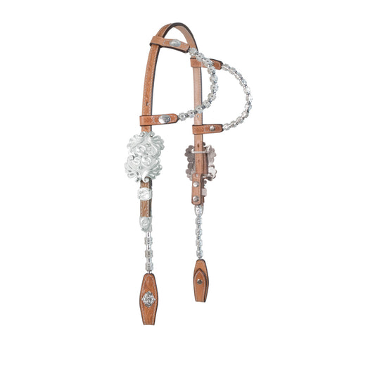 2073-SIF 5/8" Round double silver ear headstall golden leather floral tooled with silver ice ferrules, stones, and silver hardware