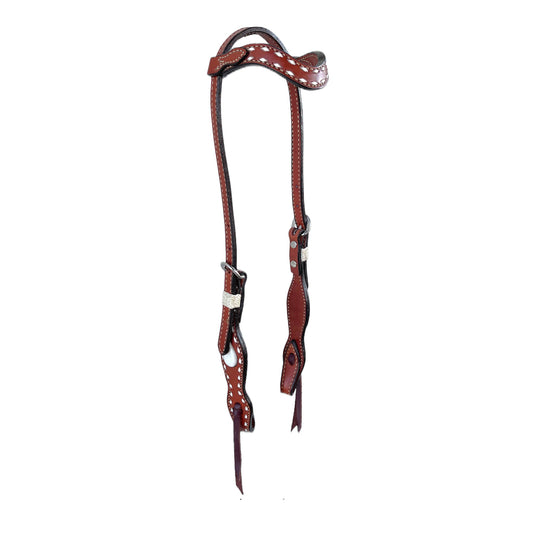 2074-BI 5/8" Wave one ear headstall toast leather white inlay teardrop with buckstitch and rawhide loops