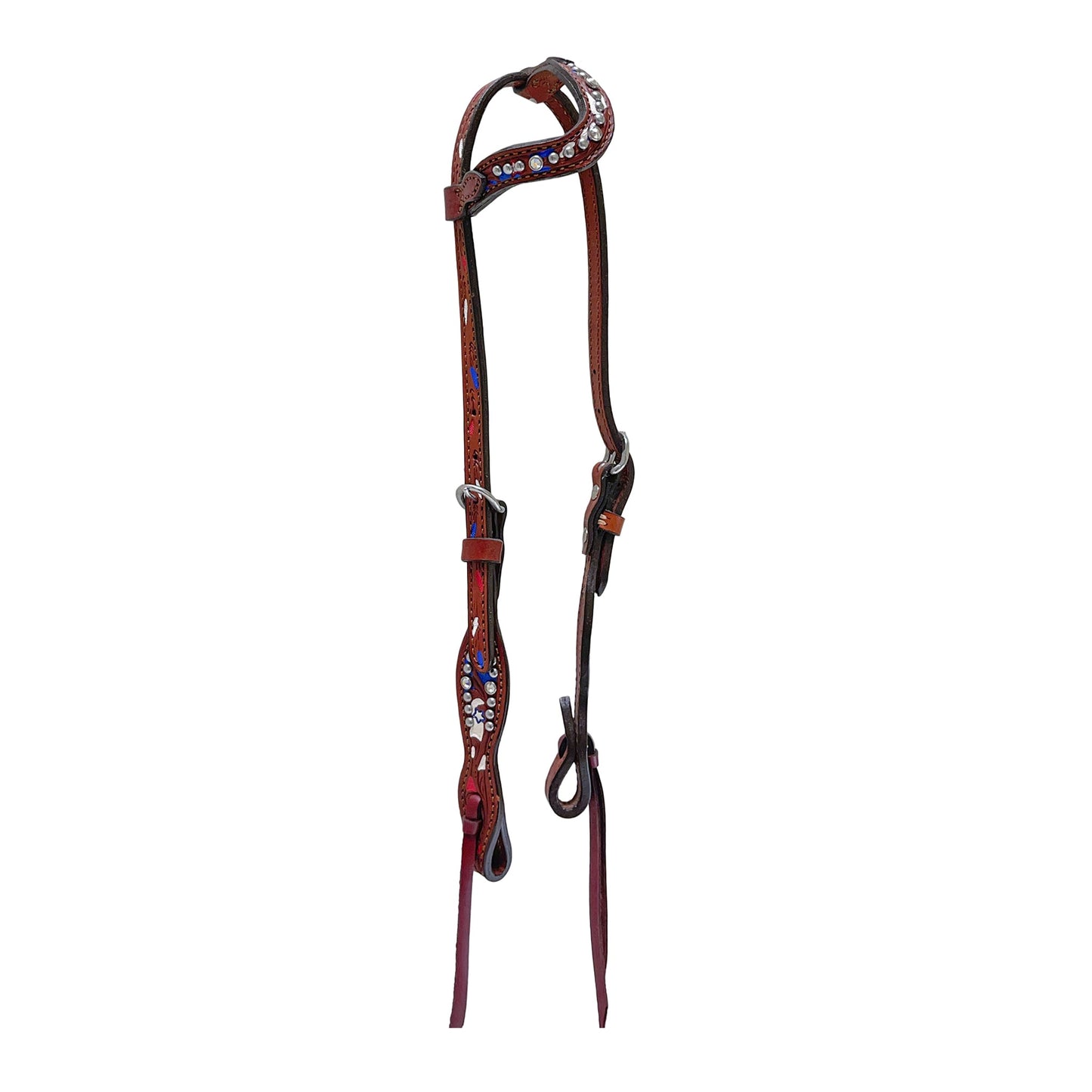 2074-USAJ 5/8" Wave one ear headstall toast leather combo AA/star tooling with background paint, Swarovski crystal, spots