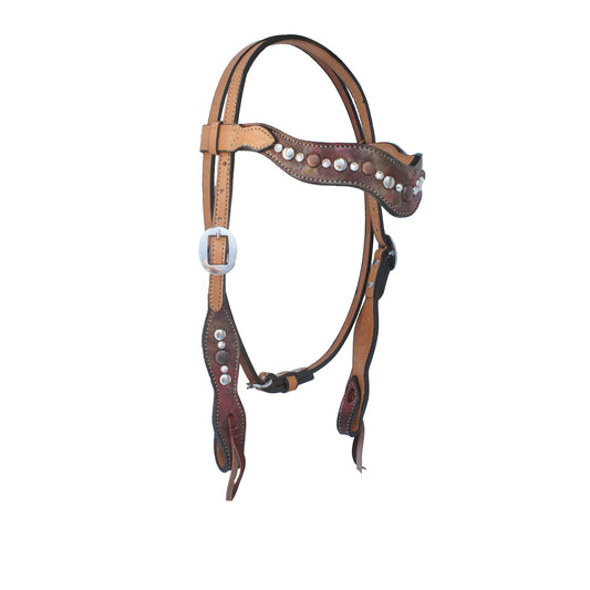 2117-CC 1-1/2" Wave browband headstall golden leather vintage metallic rose dust overlay with crystals and spots