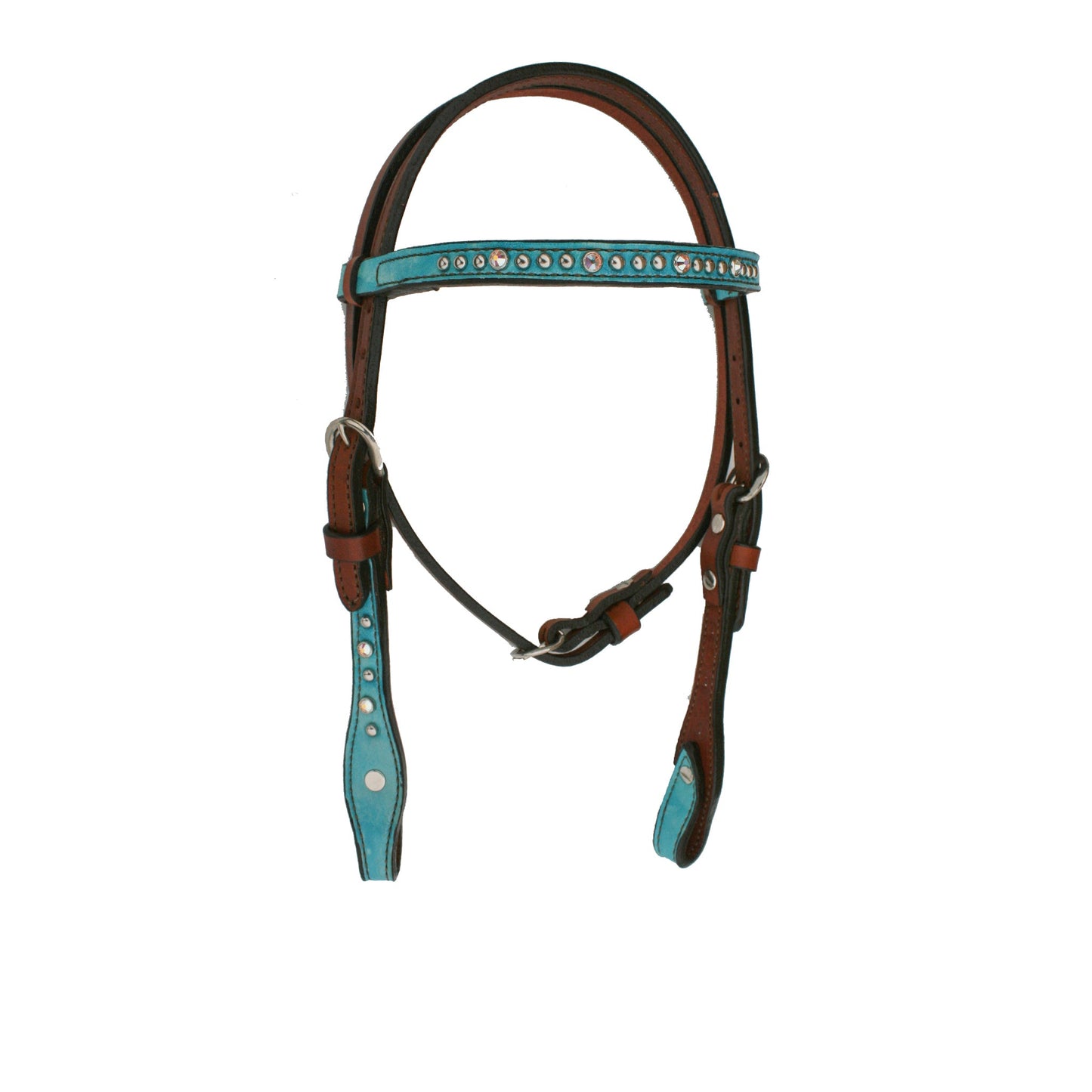 2715-JTM 1/2" Pony straight browband headstall toast leather turquoise marble overlay with crystals and spots