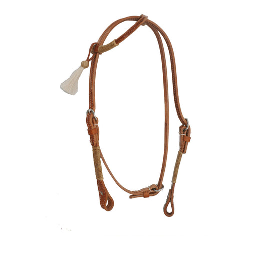 2971 1/2" Flat one ear headstall harness leather rawhide braiding with throat latch and suede beige tassel