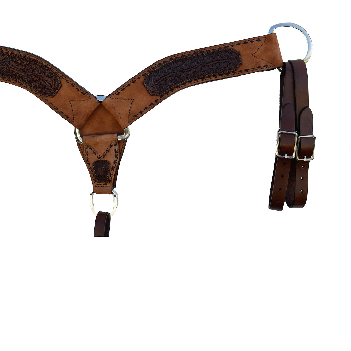 3800-AO 3" Breast collar rough out toast leather with oak leaf tooled patch, buckstitch, and double tugs