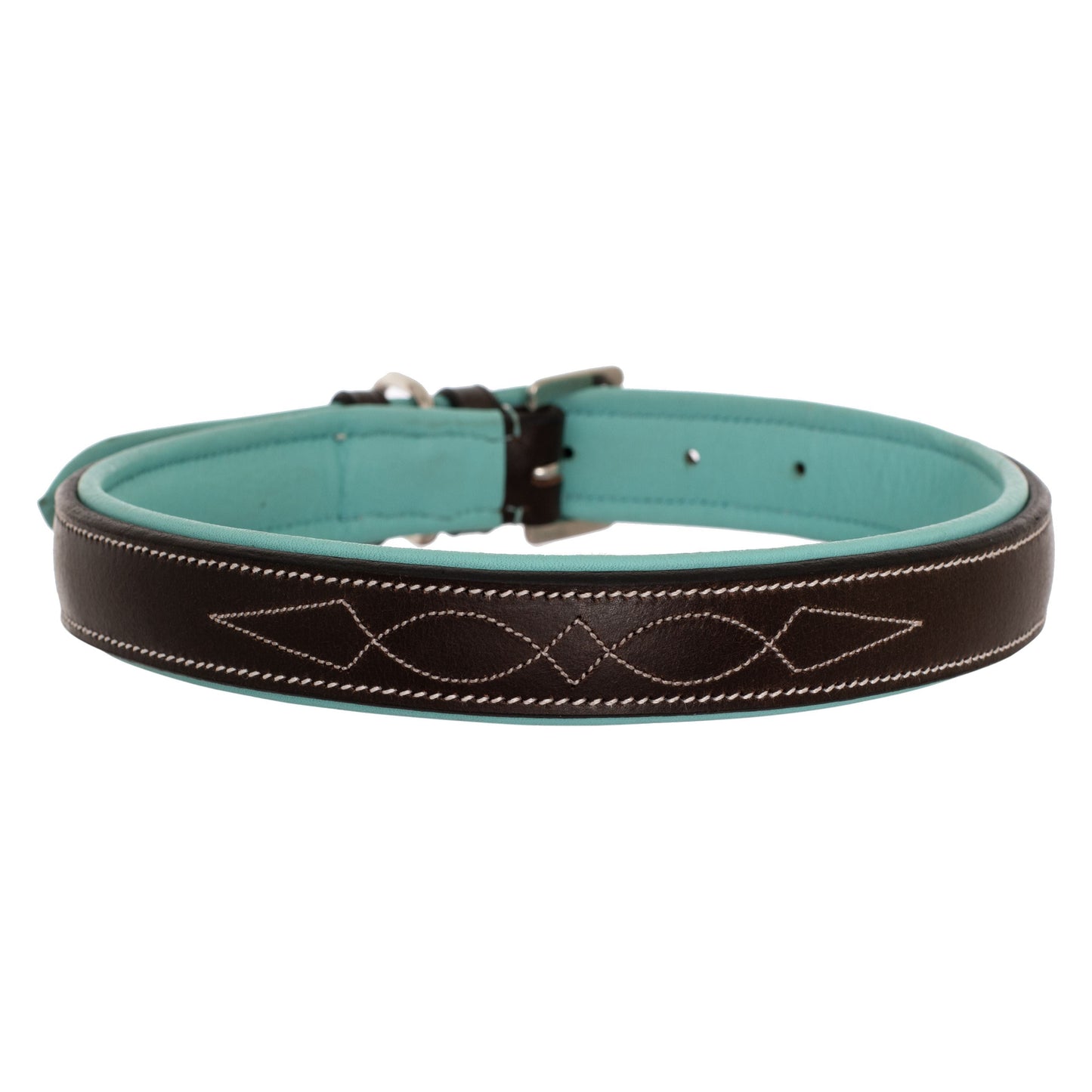 ExionPro Fancy Stitched Padded Leather Dog Collar - Sky Blue Padding