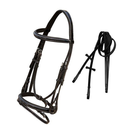 ExionPro Designer Fancy Square Raised Glossy Patent Leather Bridle & Rubber Reins