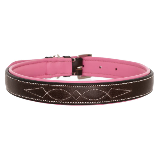 ExionPro Fancy Stitched Padded Leather Dog Collar - Pink Padding