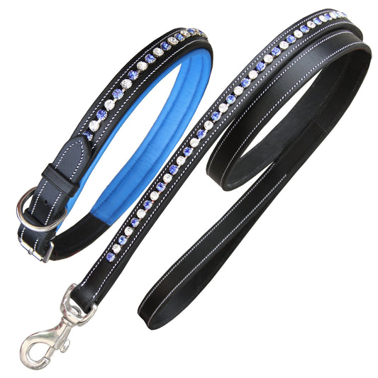 ExionPro White & Blue Bling Dog Collar With Leash