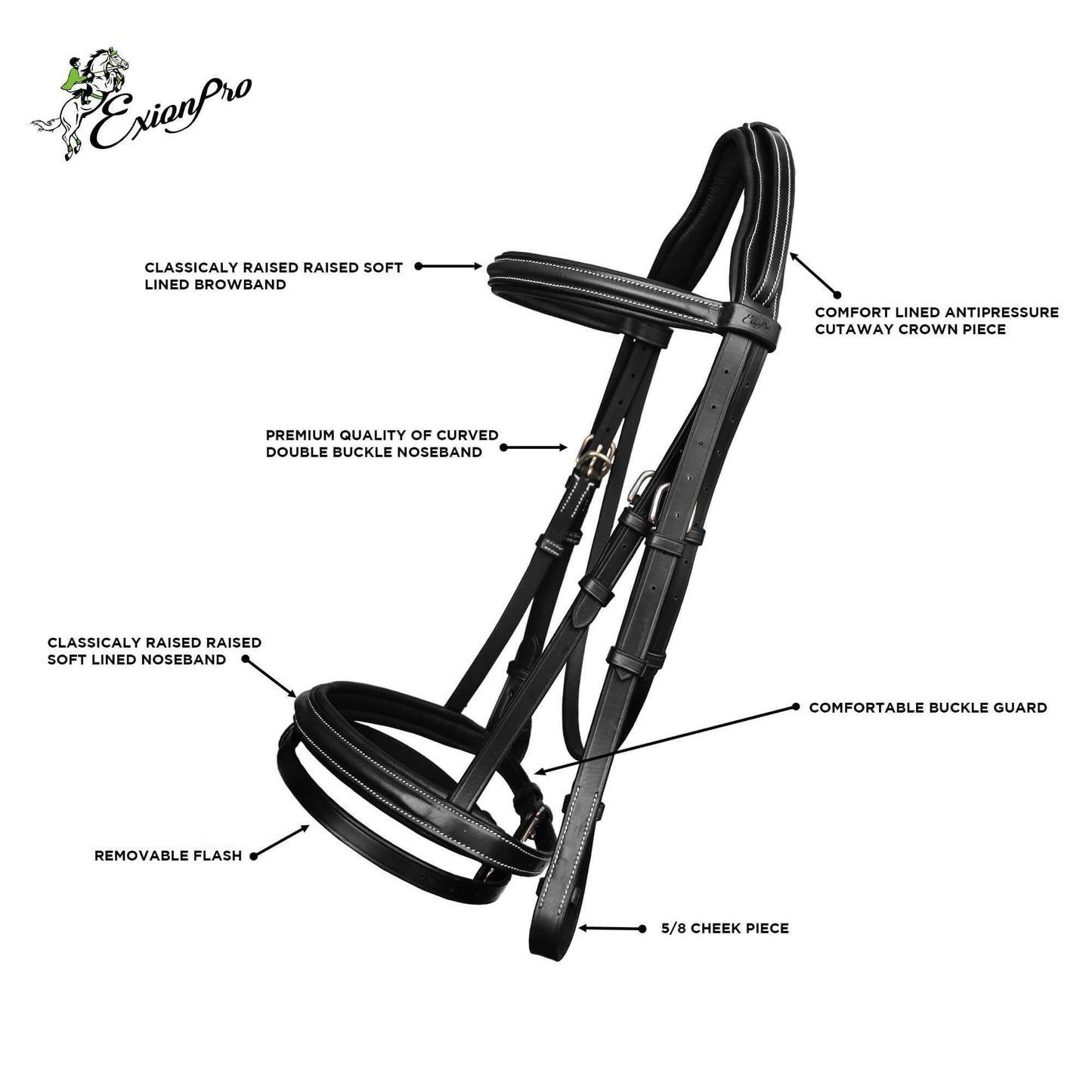 ExionPro Pressure Relief Crown Raised Padded Jumping Bridle with Reins