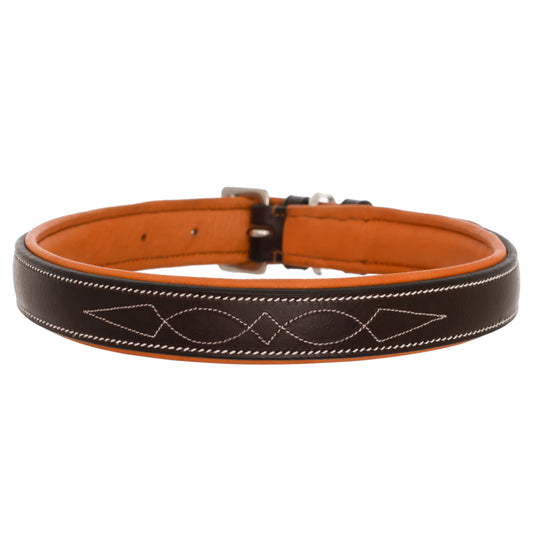 ExionPro Fancy Stitched Padded Leather Dog Collar - Conker Padding