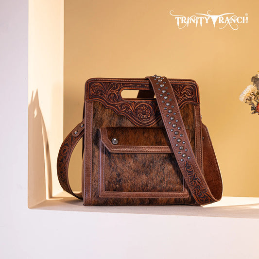 Trinity Ranch Hair-On Cowhide Floral Tooled Concealed Carry Crossbody Bag - Brown