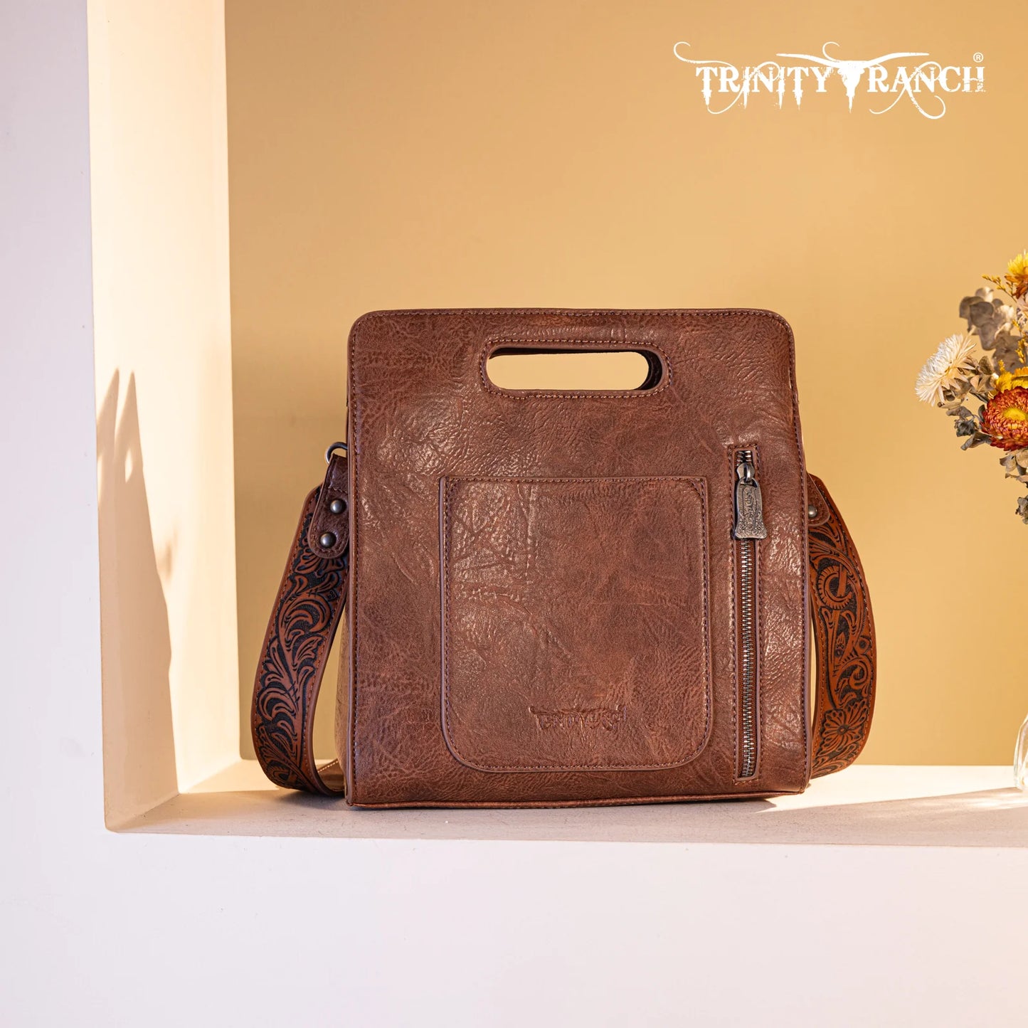 Trinity Ranch Hair-On Cowhide Floral Tooled Concealed Carry Crossbody Bag - Brown