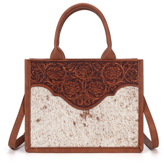 Trinity Ranch Hair On Cowhide Floral Tooled Concealed Carry Tote/Crossbody - Brown