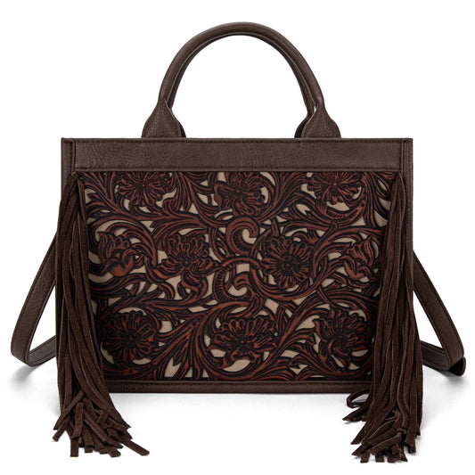 Trinity Ranch Floral Tooled Fringe Concealed Carry Tote/Crossbody