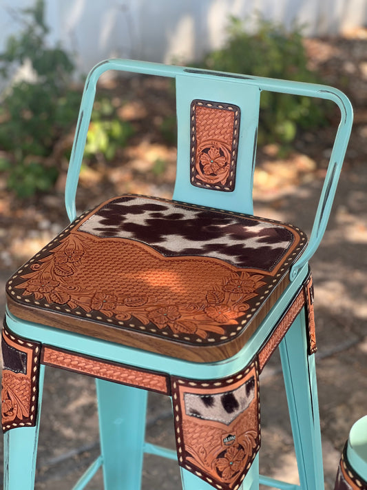 (STOCK!) SET OF 2 TURQUOISE SWIVEL  BAR STOOLS WITH COW SUEDE INLAY