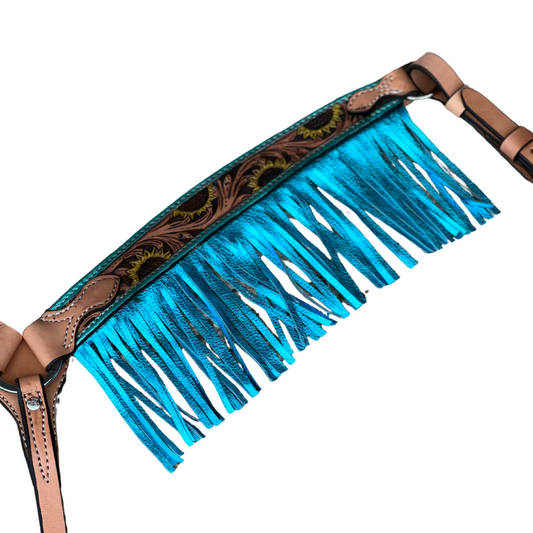 3F23-Turquoise Sunflower -3/4" Contour breast collar golden leather sunflower tooled with background paint & fringe